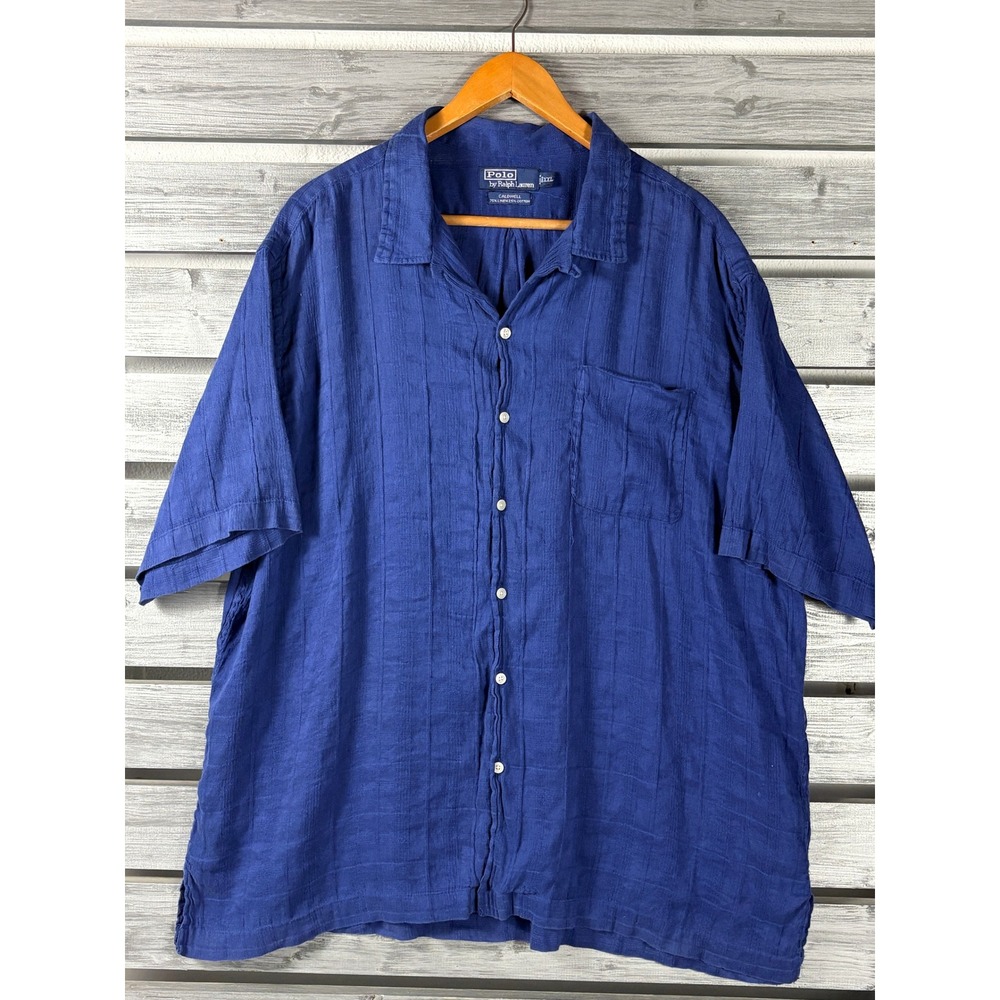 Vintage Polo Ralph Lauren Caldwell Shirt XXL Blue Linen Short Sleeve Loop Collar